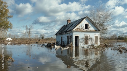 A dilapidated house partially submerged in floodwaters, with debris floating around it after a hurricane.