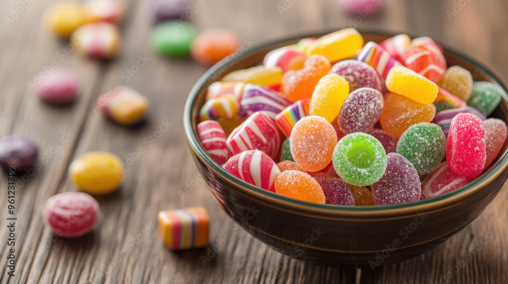 A bowl overflowing with various bright, sugary candies on a rustic wooden table A bowl overflowing with various bright, sugary candies on a rustic wooden table
