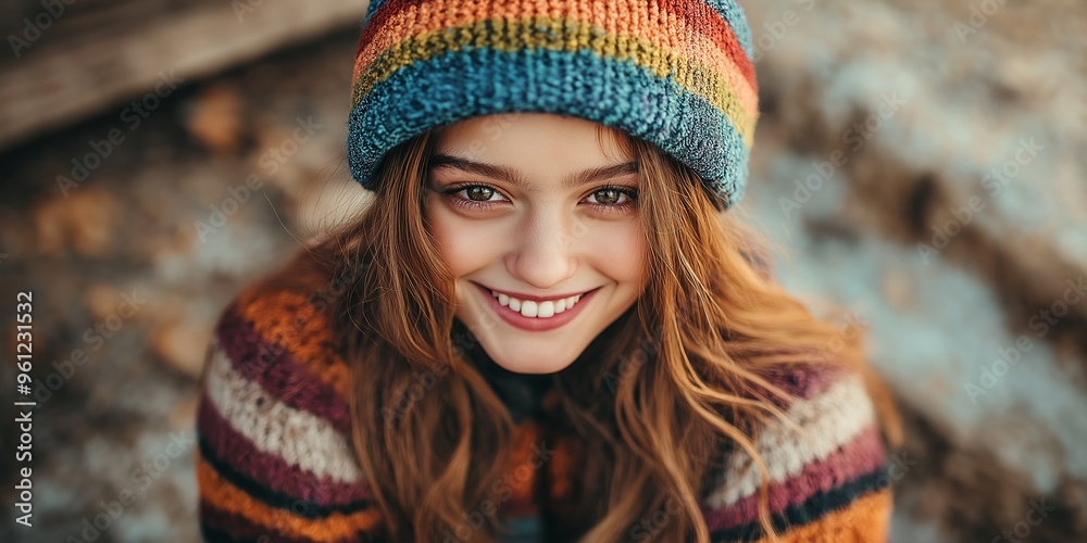 A woman with a colorful hat and a smile on her face. She is wearing a striped sweater and has red hair A woman with a colorful hat and a smile on her face. She is wearing a striped sweater and has red hair