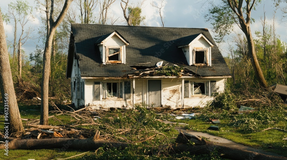 A house with a damaged roof and broken windows, surrounded by fallen trees and debris after a hurricane. A house with a damaged roof and broken windows, surrounded by fallen trees and debris after a hurricane.