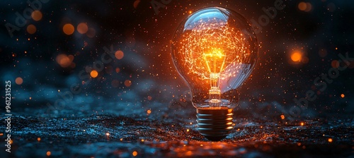 A visually striking light bulb illuminated with a complex digital network, representing artificial intelligence and innovation for business applications, with copy space. photo