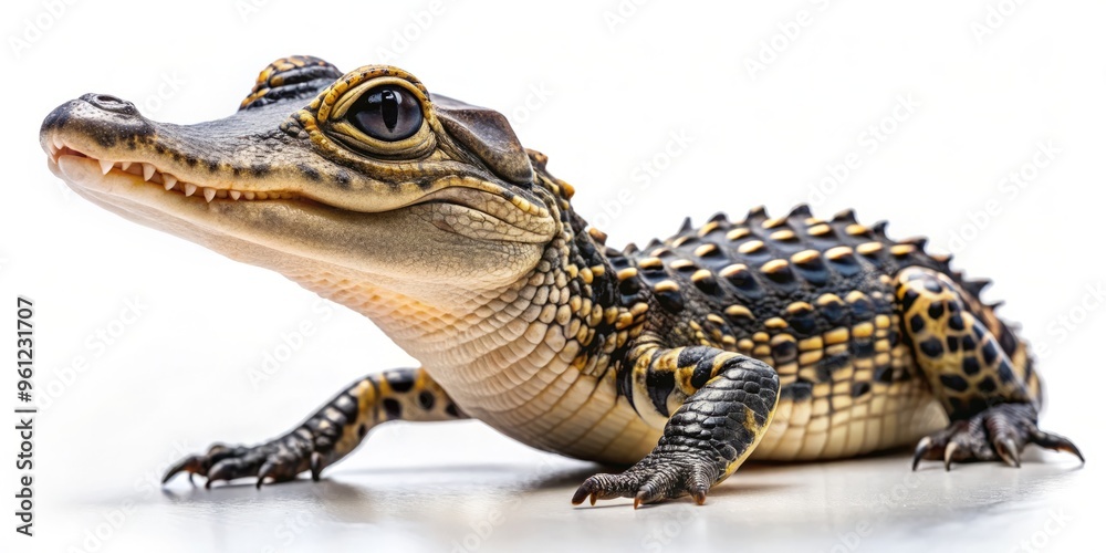 Obraz premium Softly scaly, tiny teeth and glowing eyes peek out from beneath the warm sandy hues of its birthing place amidst a pristine white backdrop.