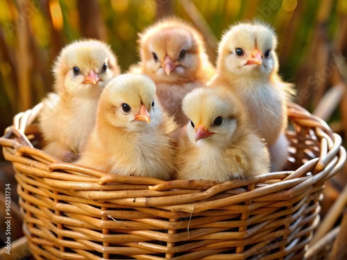 Adorable baby roosters snuggle together in a basket, their small beaks poking out from beneath their feathers, softly peeping away. photo