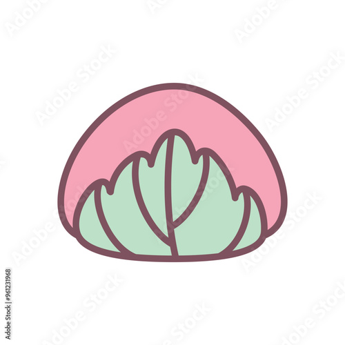 Cute sakura mochi icon. Hand drawn illustration of a Japanese cherry blossom rice cake isolated on a white background. Kawaii sticker. Vector 10 EPS.