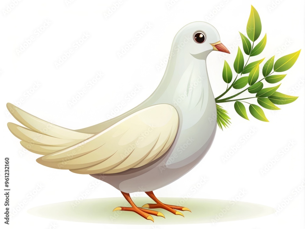Fototapeta premium A tall, cartoon-style white dove stands proud, its long, curvy neck bent as it clutches a bright green olive branch in its delicate beak.