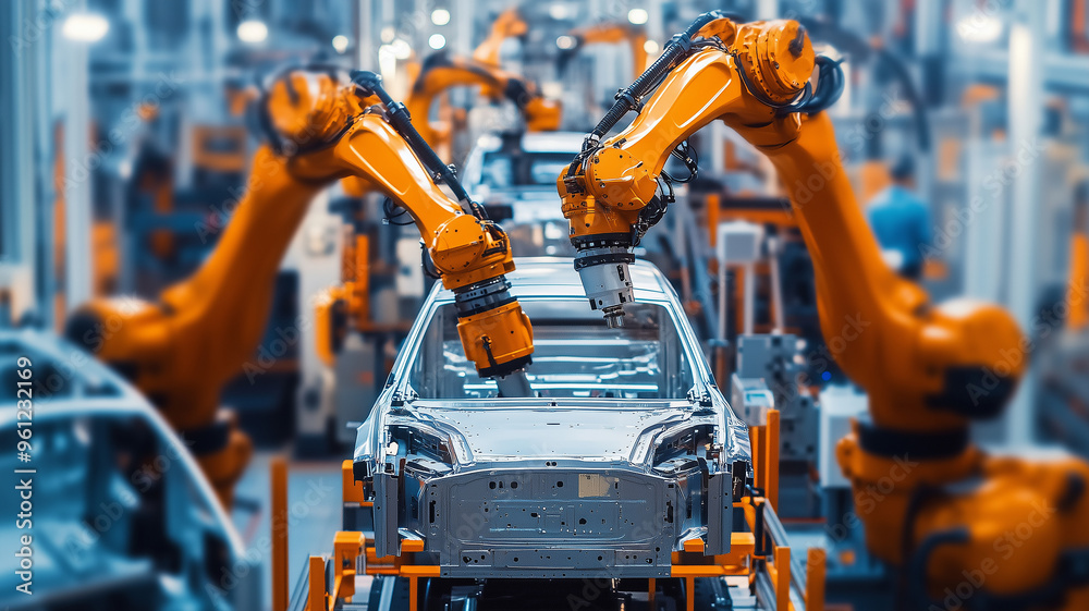 A car factory with robotic arms working on cars A car factory with robotic arms working on cars