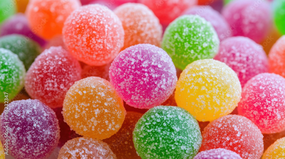 A close-up of sugar-coated sour candies piled high, bursting with vibrant colors A close-up of sugar-coated sour candies piled high, bursting with vibrant colors