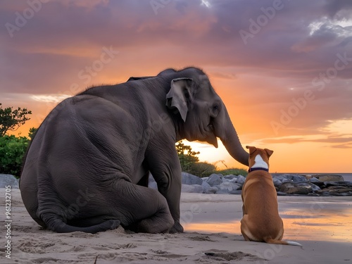 Elephant and Dog Watching Sunset on Beach, Unlikely Friendship, Concept of Peace and Companionship, Tranquil Seaside Evening  photo