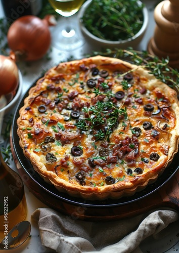 Pissaladiere A savory Pissaladiere tart with caramelized onions, anchovies, and olives on a thin, crispy crust