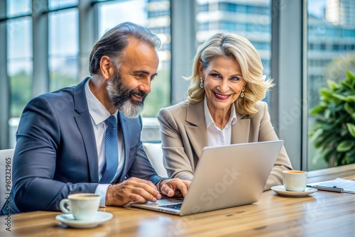 Professional colleagues collaborating on laptop in modern office