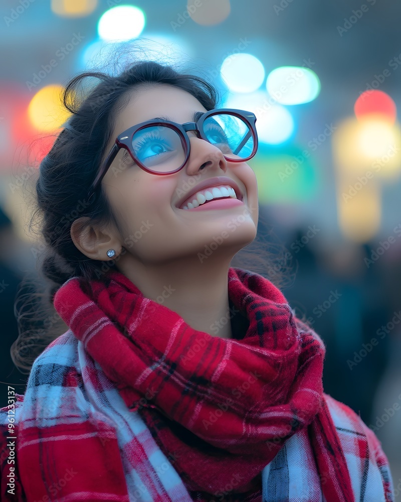 Happy Woman in Red Plaid Scarf Looking Up at Lights Happy Woman in Red Plaid Scarf Looking Up at Lights