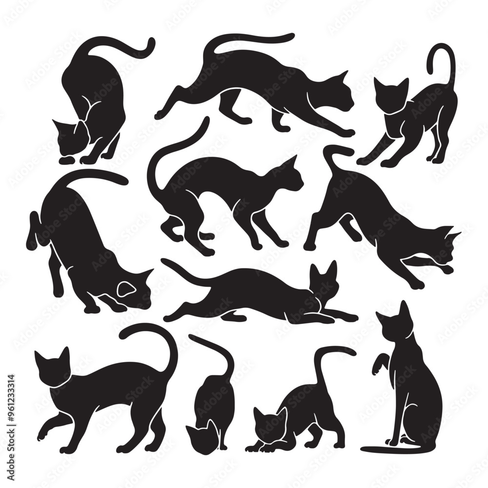 set of vector art silhouettes of cats on a white background set of vector art silhouettes of cats on a white background
