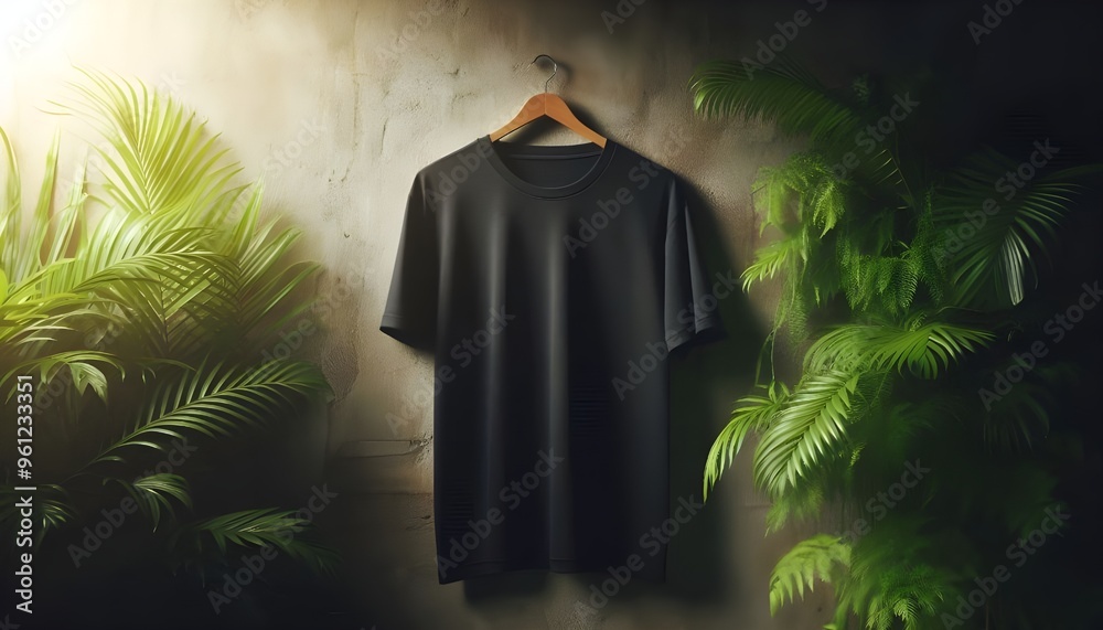 Black Blank T-Shirt Hanging on Textured Wall with Greenery Background for Design Mockup, Fashion Display, and Graphic Template Black Blank T-Shirt Hanging on Textured Wall with Greenery Background for Design Mockup, Fashion Display, and Graphic Template