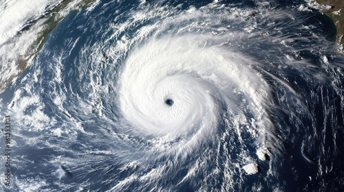 A satellite view of a massive hurricane swirling over the Atlantic Ocean, its eye clearly visible in the center.