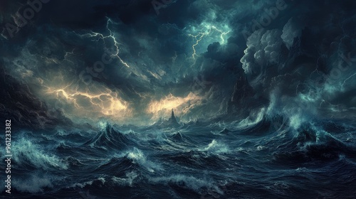 A stormy ocean scene under a hurricane, with high waves, fierce winds, and dark skies filled with lightning.