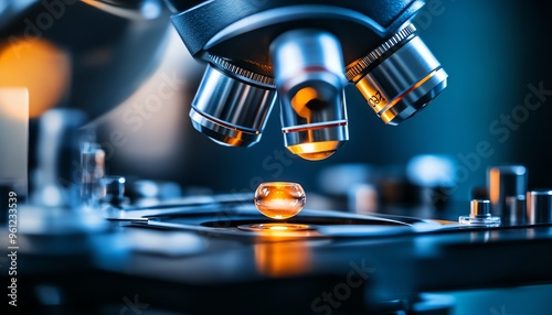 Microscope lens positioned over a glass sample on a stage