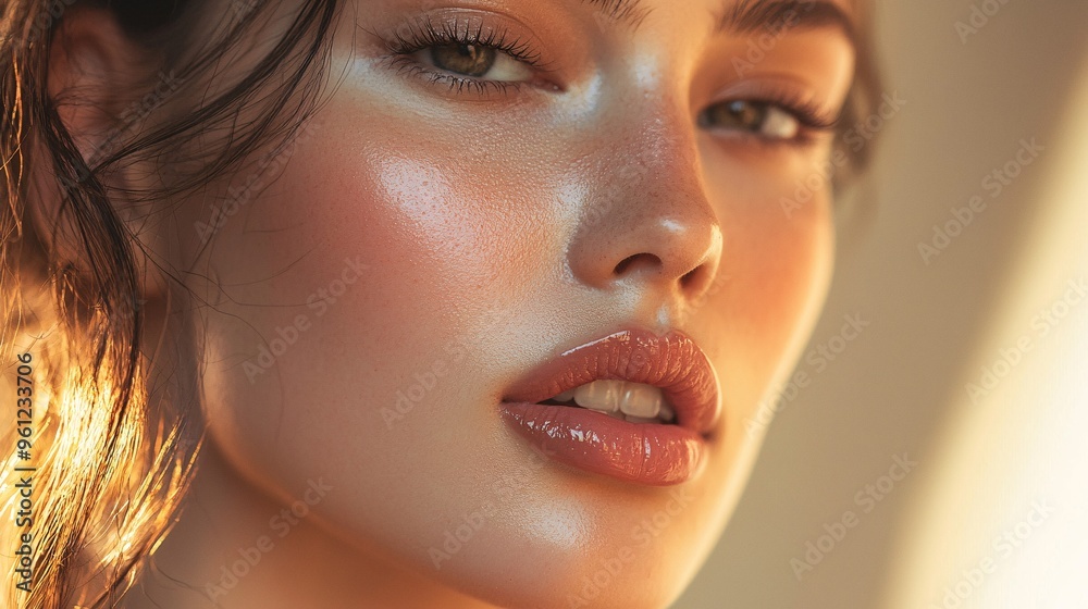 Close-up of a Woman's Face with Glowing Skin and Natural Makeup Close-up of a Woman's Face with Glowing Skin and Natural Makeup