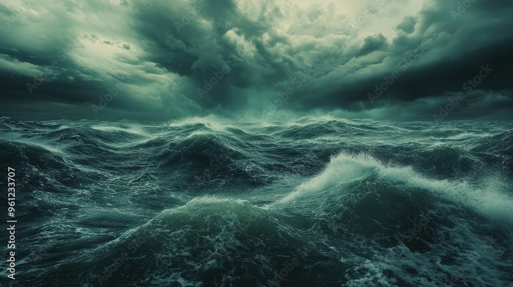 Fototapeta premium A turbulent ocean with a hurricane looming in the distance, the sky filled with dark clouds and fierce winds.