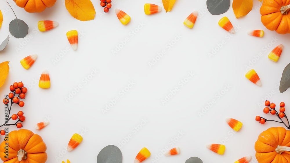A cheerful autumn backdrop featuring pumpkins, candy corn, and vibrant leaves, perfect for seasonal celebrations and decorations. A cheerful autumn backdrop featuring pumpkins, candy corn, and vibrant leaves, perfect for seasonal celebrations and decorations.