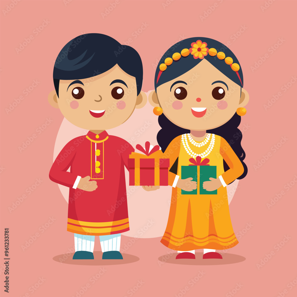 Brother and sister holding gifts in ethnic wear for Bhai Dooj illustration Brother and sister holding gifts in ethnic wear for Bhai Dooj illustration