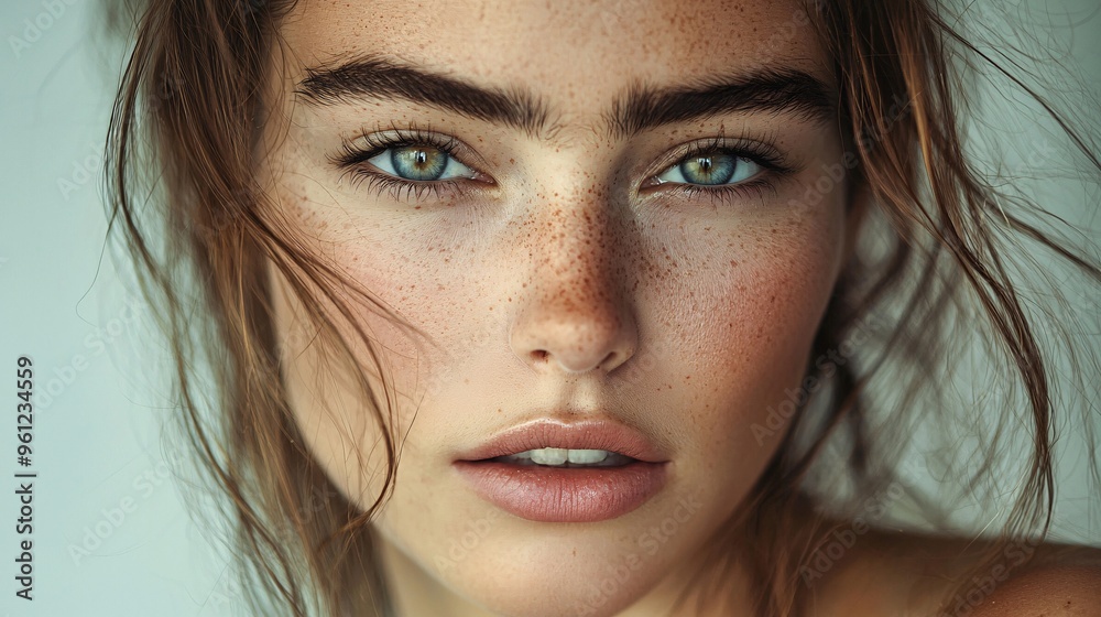 Close-up portrait of a beautiful young woman with freckles and green eyes Close-up portrait of a beautiful young woman with freckles and green eyes