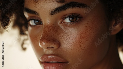 Close-up portrait of a young woman with freckles and curly hair