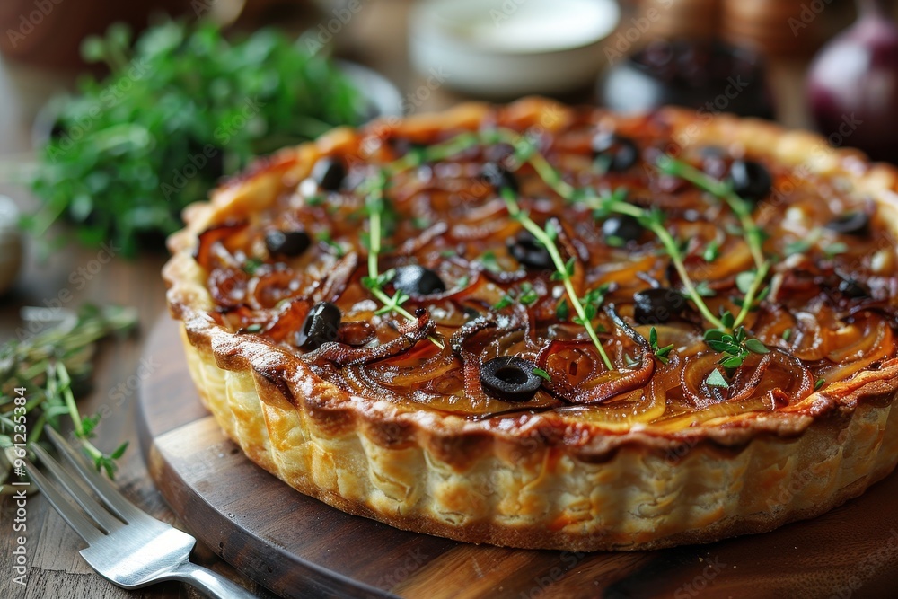 Pissaladiere A savory Pissaladiere tart with caramelized onions, anchovies, and olives on a thin, crispy crust