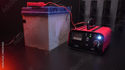 red new car battery charger with ammeter and terminals for 6 volts and 12 volts