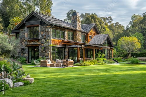 Elegant Rustic Farmhouse in California Countryside with Stone Walls, Wooden Accents, and Tranquil Garden