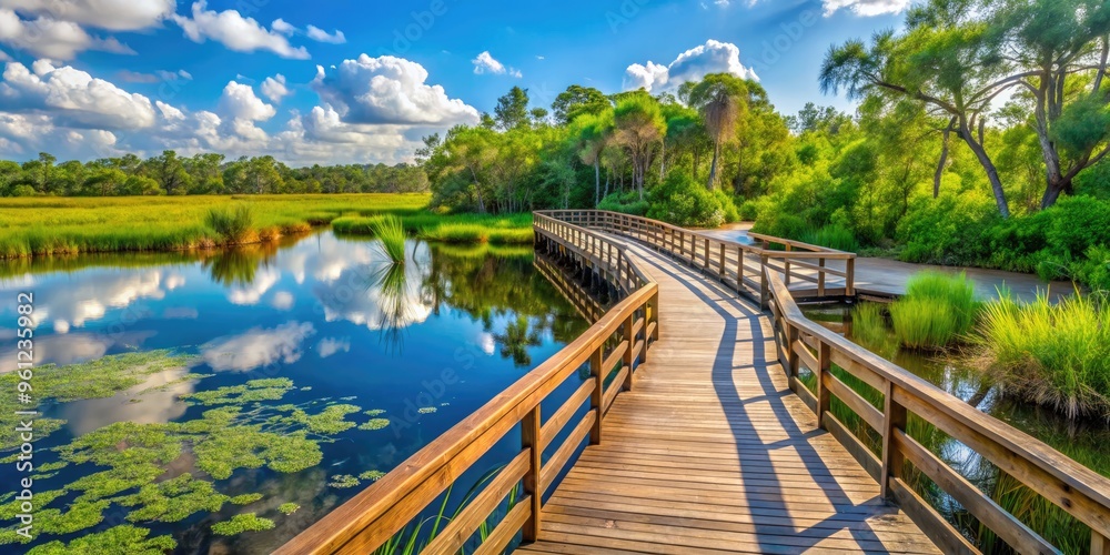 Tranquil Wetlands With Lush Vegetation, Boardwalk Trails, And Abundant Wildlife At A Nature Center Promoting Environmental Conservation And Exploration. Tranquil Wetlands With Lush Vegetation, Boardwalk Trails, And Abundant Wildlife At A Nature Center Promoting Environmental Conservation And Exploration.