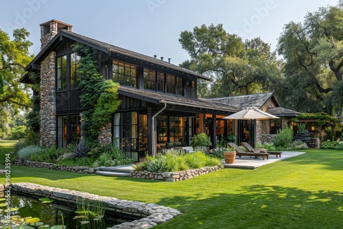 Elegant Rustic Farmhouse in California Countryside with Stone Walls, Wooden Accents, and Tranquil Garden