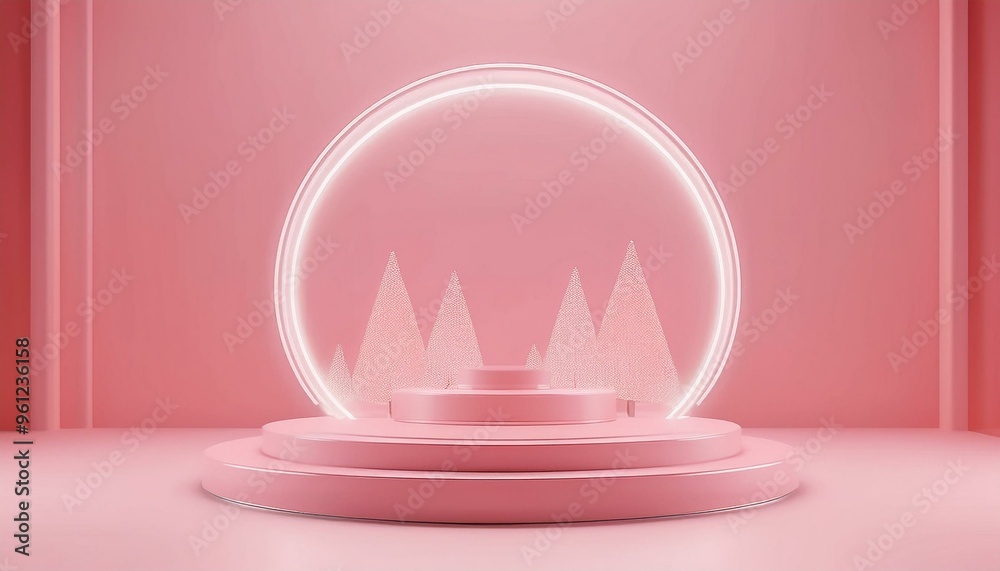 Products in holiday-themed snow globe, magical Christmas scene, 3D illustration, 3D rendering product display platform Products in holiday-themed snow globe, magical Christmas scene, 3D illustration, 3D rendering product display platform