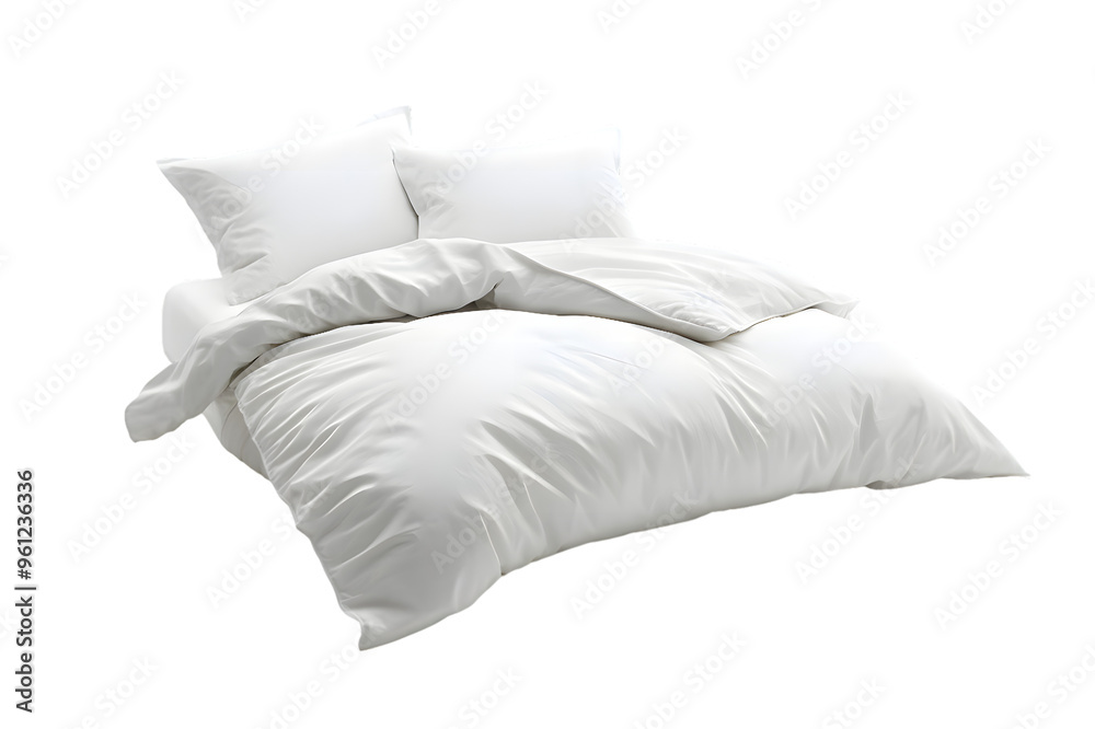 Blank white bed mock up, top view. Empty blanket and pillows mockup in bedstead isolated on transparent background Blank white bed mock up, top view. Empty blanket and pillows mockup in bedstead isolated on transparent background
