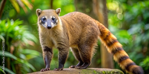 A ring-tailed coati stands on its hind legs, its long, slender tail wrapped around its body, its bushy fur a vibrant mix of brown and gray hues.