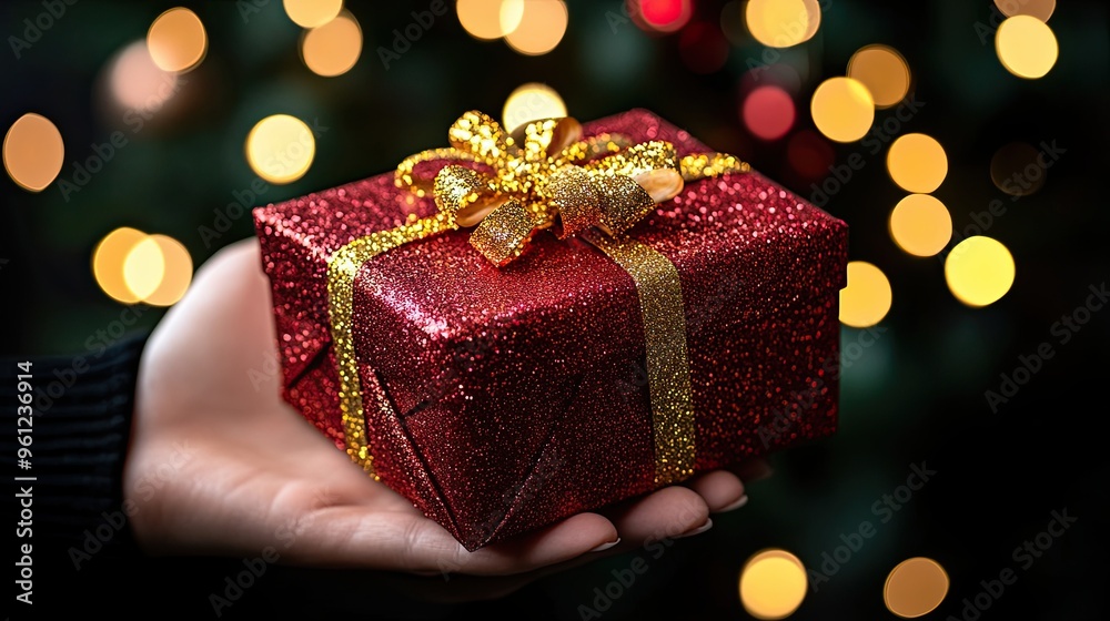 Close-up of a Glittering Red Christmas Gift with a Gold Bow Close-up of a Glittering Red Christmas Gift with a Gold Bow