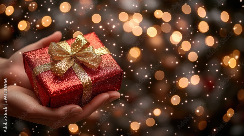 Red Christmas Gift with Gold Ribbon in Front of Festive Lights Red Christmas Gift with Gold Ribbon in Front of Festive Lights