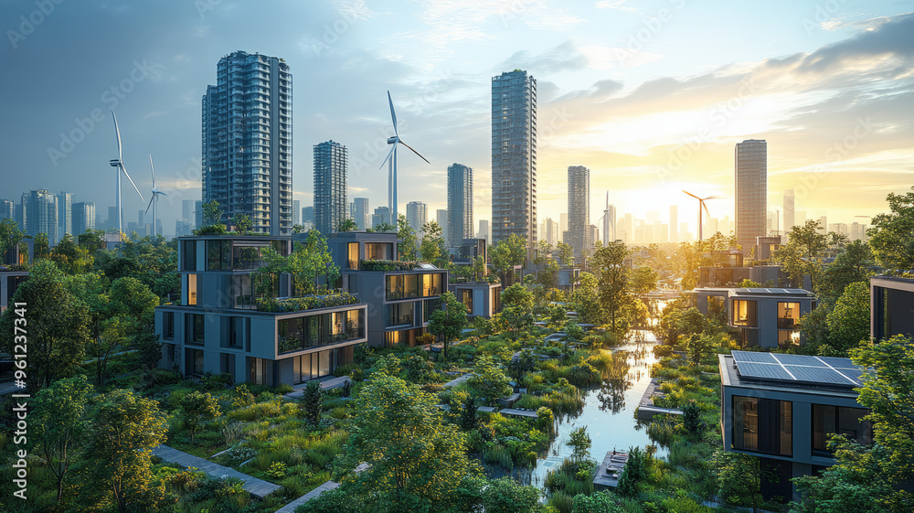 Obraz premium A vibrant and dynamic image of a modern cityscape with wind turbines and solar panels integrated into the buildings.