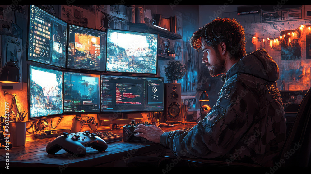 A programmer coding a video game in a dimly lit room, multiple screens displaying game development software and colorful pixel art,
