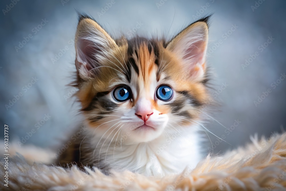 Adorable calico kitten with fluffy fur and piercing blue eyes awaits its forever home, full of snuggles and playful Energy. Adorable calico kitten with fluffy fur and piercing blue eyes awaits its forever home, full of snuggles and playful Energy.