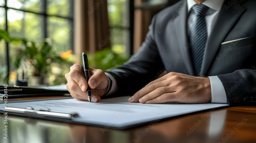 A businessman signing documents in a modern office setting. A businessman signing documents in a modern office setting.