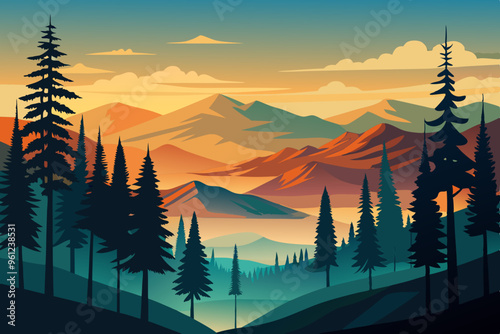 silhouette of forest fir trees and mountain with blue background