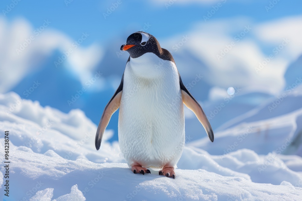 Fototapeta premium Elegant Penguin Standing on Snow-Covered Hills in Antarctica with Clear Blue Sky Background
