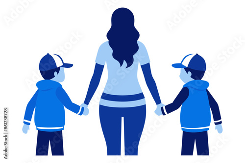  A mother in the center holding hands with her children photo