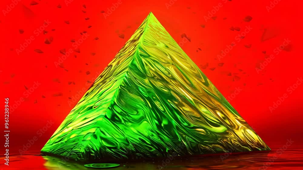 Realistic 3D animation of the abstract morphing liquid iridescent green pyramid rendered in UHD, red background