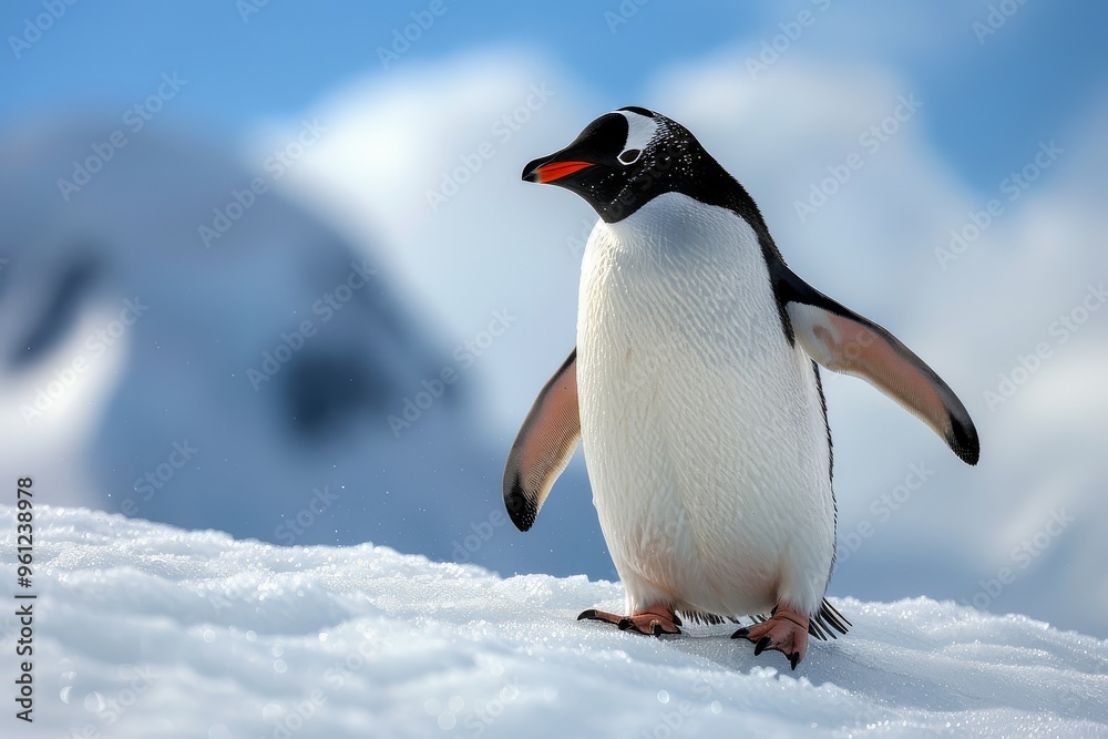 Fototapeta premium Elegant Penguin Standing on Snow-Covered Hills in Antarctica with Clear Blue Sky Background