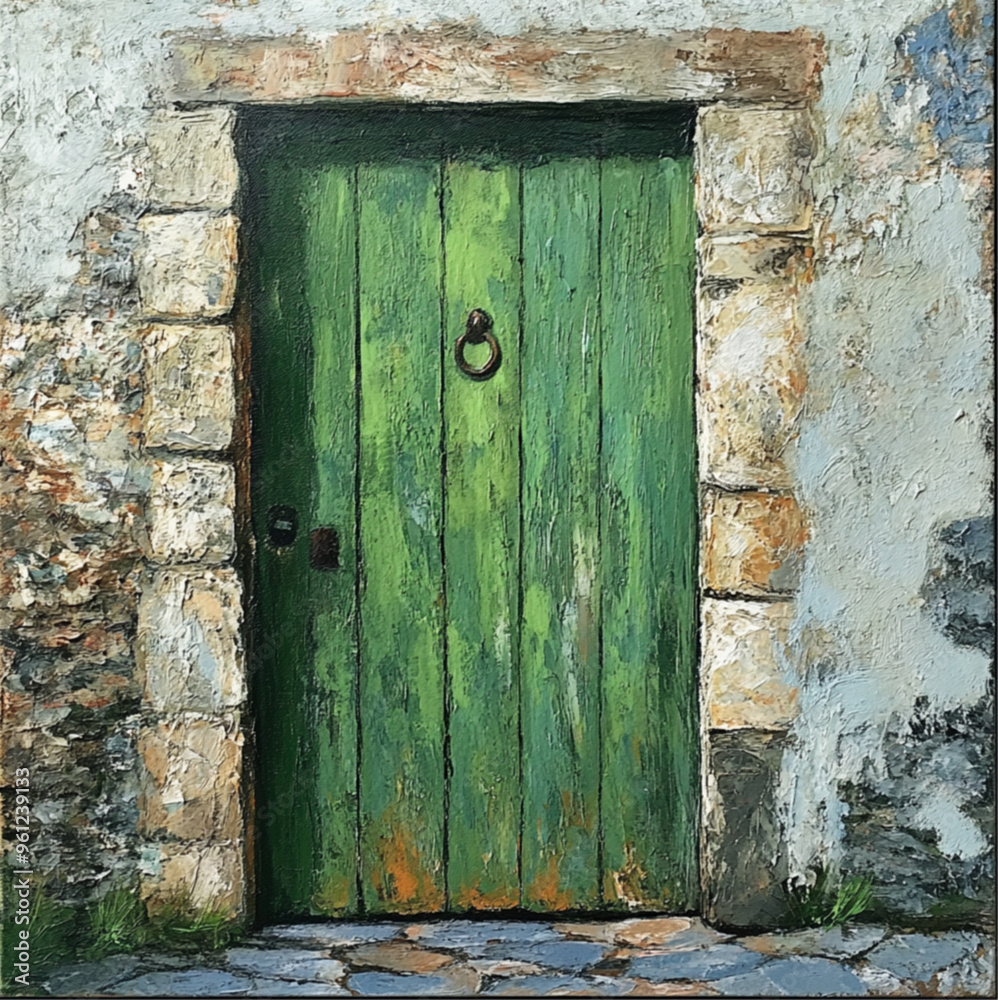 Green door, antique, surrounded by leaves Green door, antique, surrounded by leaves