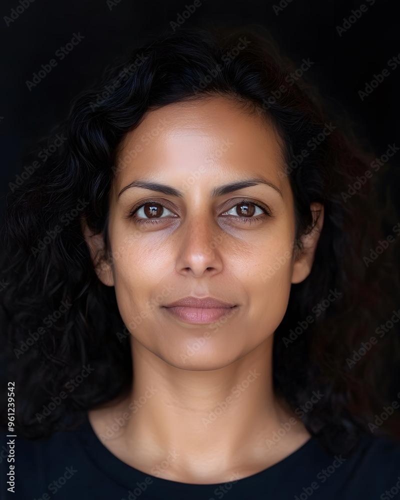 Portrait of a Young Woman with Wavy Black Hair Looking at the Camera