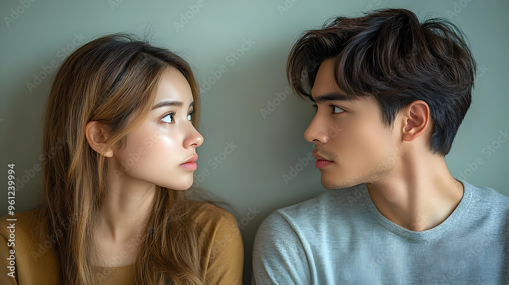 A close-up of two individuals gazing intently at each other. A close-up of two individuals gazing intently at each other.