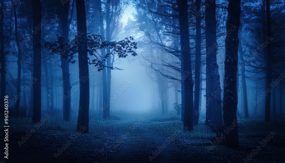 The forest at night with fog creepy atmosphere landscape haunting illustration background