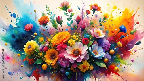 Fototapeta Naklejka Na Ścianę i Meble -  Abstract watercolor floral explosion with vivid color splashes